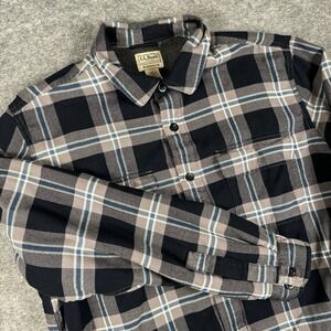 LL Bean Flannel Shirt Mens Large Blue Gray Fleece Lined Plaid Outdoor